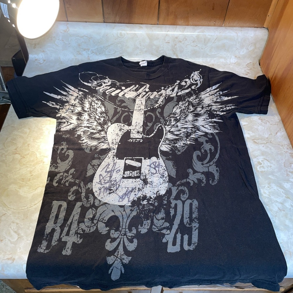 Tultex faded black tshirt guitar wings Y2k‎ Building B4 29